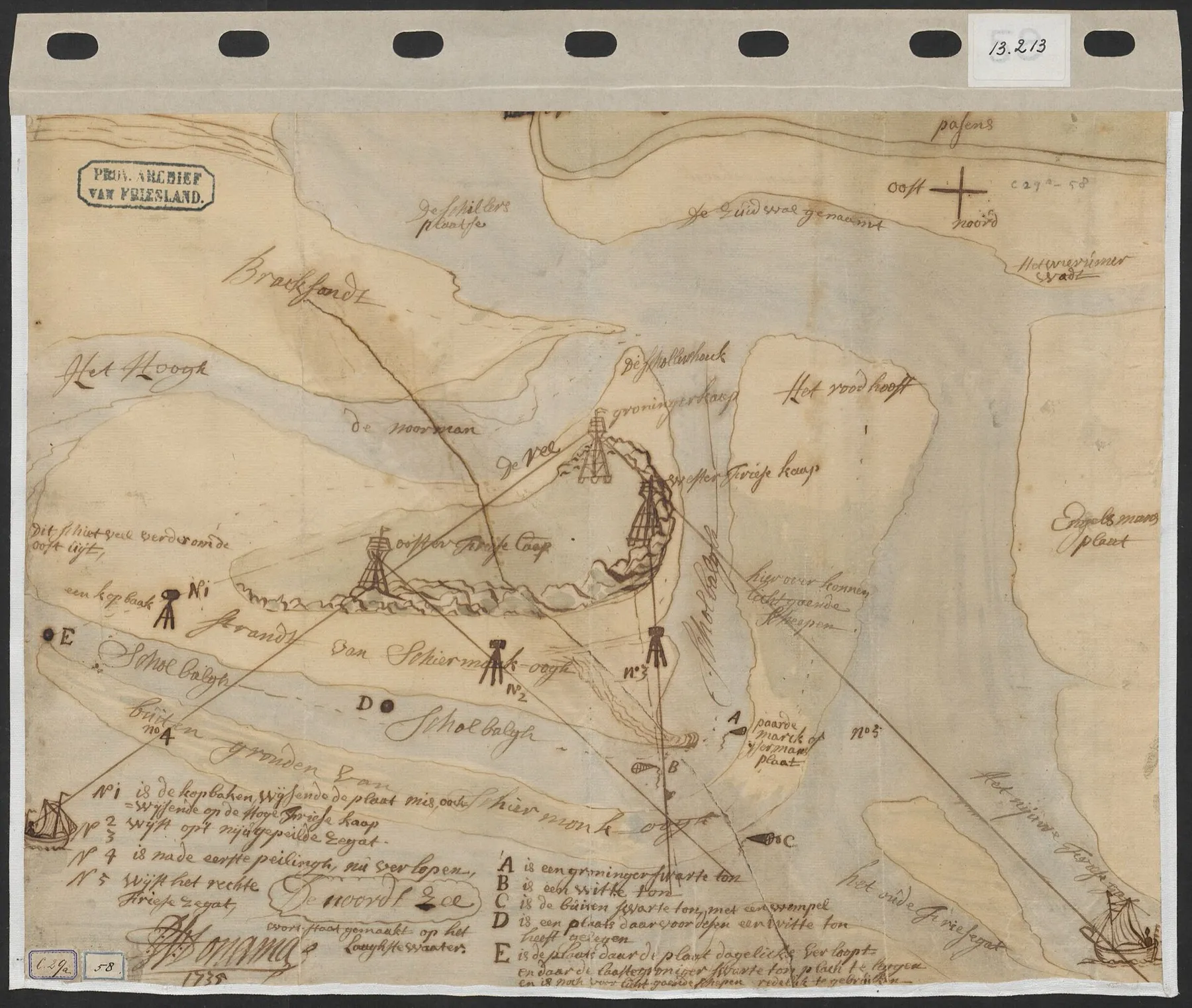 Handgetekende kaart uit 1732 van de zeegaten bij Schiermonnikoog, met de bakens als kleine torens op de platen