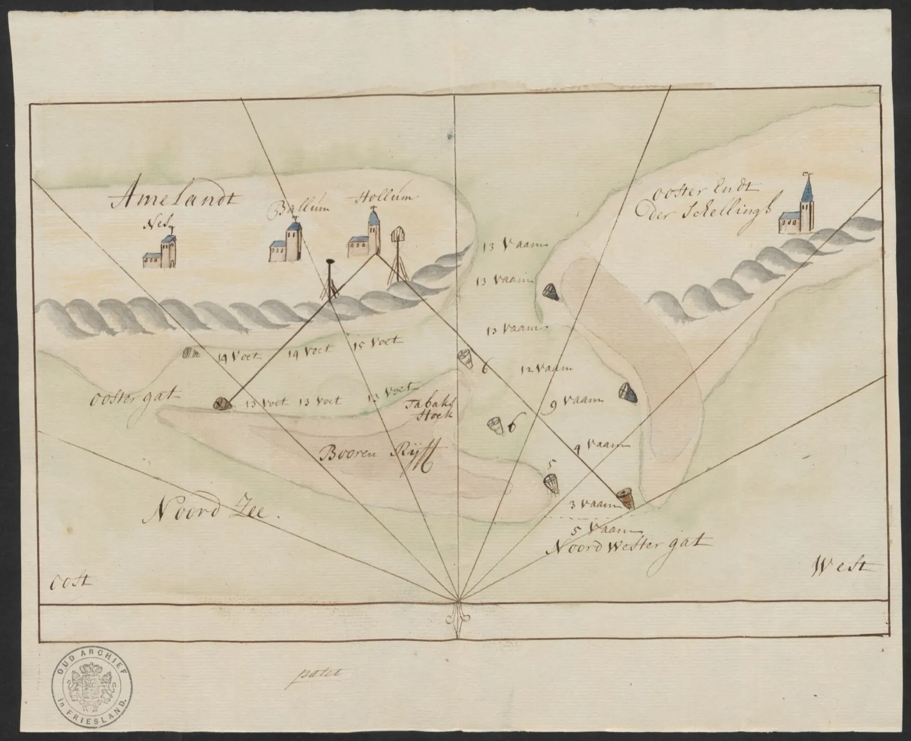 Kaart uit 1745 van de zeegaten boven Ameland en Terschelling, met bakens, tonnen en dieptecijfers
