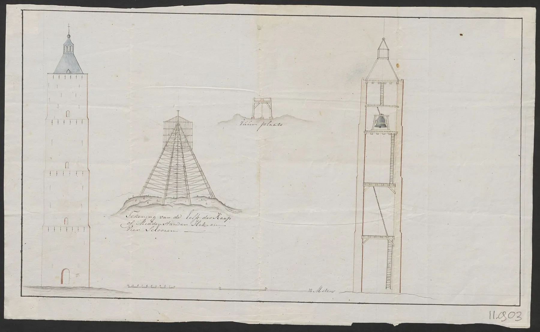 Gekleurde tekening van de Brandaris op Terschelling naast twee houten bakens, 1813